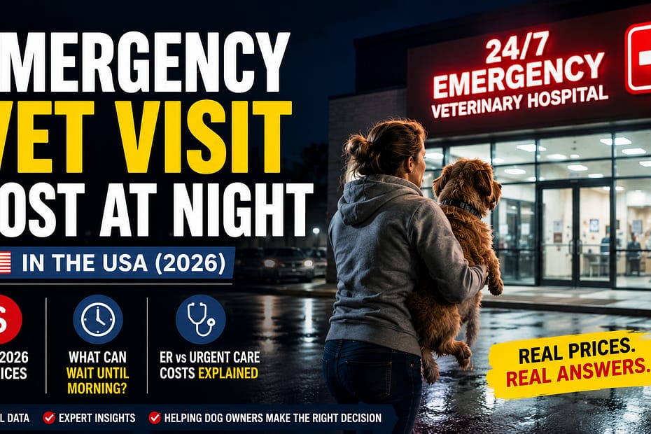 Emergency Vet Visit Cost at Night in the USA — dog owner carrying injured dog into a 24/7 emergency veterinary hospital at night in 2026