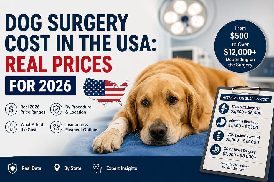 Dog Surgery Cost in the USA infographic showing real 2026 veterinary surgery prices for dogs in America