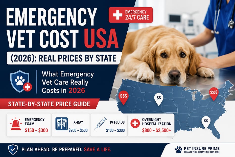 Emergency vet cost USA in 2026 showing real emergency vet prices by state for dogs including surgery, X-rays, hospitalization, and emergency care costs