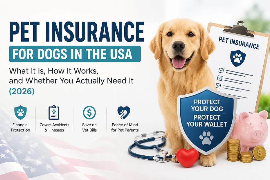 Pet insurance for dogs in the USA explained with golden retriever, insurance shield, and vet cost protection concept