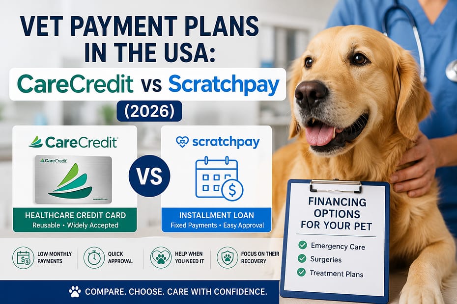 Vet payment plans in the USA explained at a veterinary clinic with CareCredit and Scratchpay financing options for emergency dog surgery bills